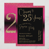 Invitation Soirée d'anniversaire surprise de 25 ans, rose (Devant / Derrière)