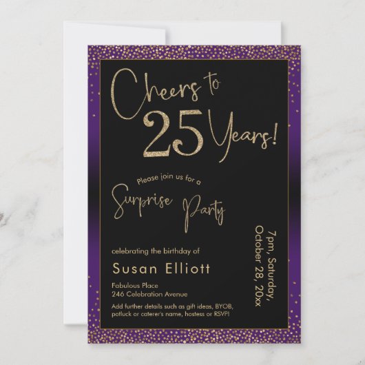 Invitation Soirée d'anniversaire surprise de 25 ans, violet (Devant)
