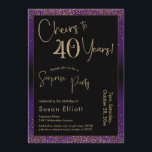 Invitation Soirée d'anniversaire surprise de 40 ans, violet<br><div class="desc">En utilisant deux polices distinctives, j'ai créé des graphiques pour votre faire-part et je les ai embelli avec un effet d'or faux-métallique pour une ambiance festive. Bien que chaque partie puisse être déplacée selon vos besoins, l'en-tête indique "Cheers to 40 Years !" et "Surprise Party". ("Surprise" peut être supprimé si...</div>