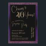Invitation Soirée d'anniversaire surprise de 40 ans, violet<br><div class="desc">En utilisant deux polices distinctives, j'ai créé des graphiques pour votre faire-part et je les ai embelli avec un effet d'or faux-métallique pour une ambiance festive. Bien que chaque partie puisse être déplacée selon vos besoins, l'en-tête indique "Cheers to 40 Years !" et "Surprise Party". ("Surprise" peut être supprimé si...</div>