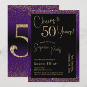 Invitation Soirée d'anniversaire surprise de 50 ans, violet (Devant / Derrière)