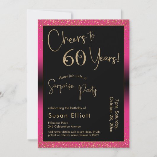 Invitation Soirée d'anniversaire surprise de 60 ans, rose (Devant)