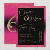 Invitation Soirée d'anniversaire surprise de 60 ans, rose (Devant / Derrière)