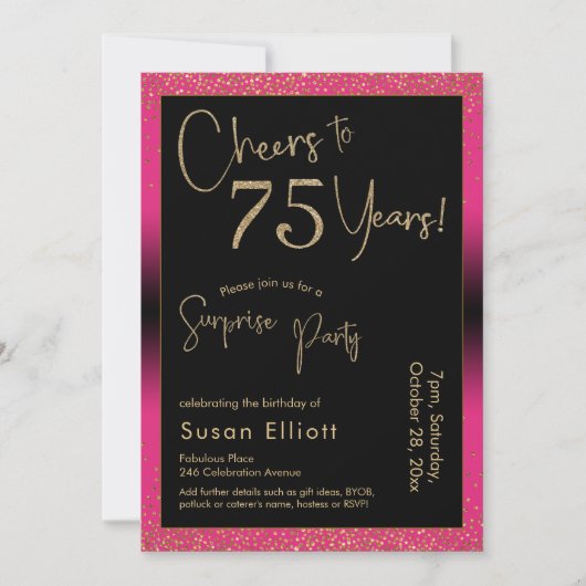 Invitation Soirée d'anniversaire surprise de 75 ans, rose (Devant)