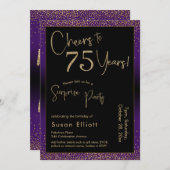 Invitation Soirée d'anniversaire surprise de 75 ans, violet (Devant / Derrière)