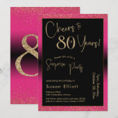 Invitation Soirée d'anniversaire surprise de 80 ans, rose (Devant / Derrière)