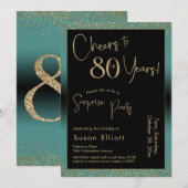 Invitation Soirée d'anniversaire surprise de 80 ans, Turquois (Devant / Derrière)