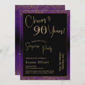 Invitation Soirée d'anniversaire surprise de 90 ans, violet (Devant / Derrière)