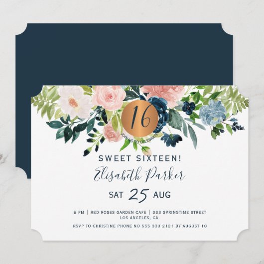 Invitation Soirée d'anniversaire Sweet 16 floral moderne aqua (Devant / Derrière)