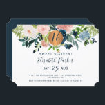 Invitation Soirée d'anniversaire Sweet 16 floral moderne aqua<br><div class="desc">rose roux, bleu pastel, crème ivoire, pêche et marine bouquets de fleurs de pivoine bohème avec feuillage vert et un cercle rond faux métallique en or cuivre parties scintillant faire un glam moderne sweet sixteen horizontal / tout âge anniversaire invitation avec un script de typographie chic et entièrement modifiable. Convient...</div>