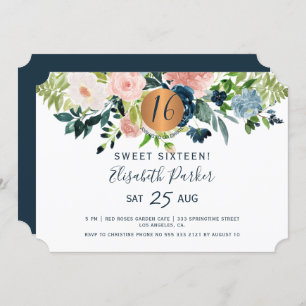 Invitation Soirée d'anniversaire Sweet 16 floral moderne aqua