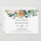 Invitation Soirée d'anniversaire Sweet 16 floral moderne aqua (Devant)