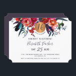Invitation Soirée d'anniversaire Sweet 16 floral moderne aqua<br><div class="desc">Bouquets de fleurs bohème de la Marine Rouge et un cercle de parties scintillant en cuivre d'or en faux métallique formant un glam moderne sweet sixteen horizontal / toute invitation de fête d'anniversaire avec un script de typographie chic et entièrement modifiable.                      Convient pour toute saison.</div>