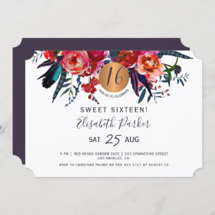 Invitation Soirée d'anniversaire Sweet 16 floral moderne aqua