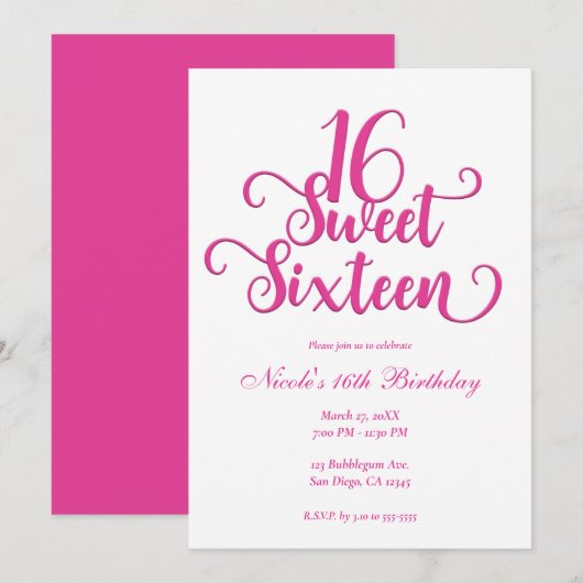 Invitation Soirée d'anniversaire Sweet 16 White & Hot Rose (Devant / Derrière)