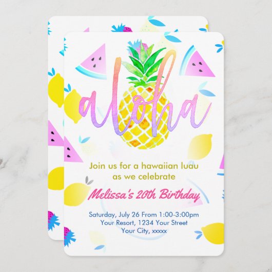Invitation soirée d'anniversaire tropical aloha script (Devant / Derrière)