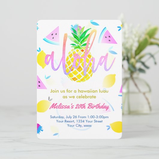 Invitation soirée d'anniversaire tropical aloha script (Debout devant)