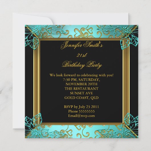 Invitation Soirée d'anniversaire Turquoise Black Gold Damask (Devant)