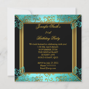 Invitation Soirée d'anniversaire Turquoise Black Gold Damask