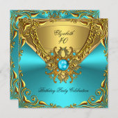 Invitation Soirée d'Anniversaire Turquoise Blue Jewel Gold (Devant / Derrière)