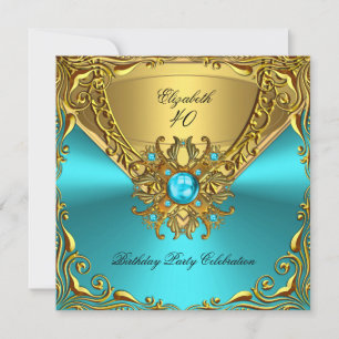Invitation Soirée d'Anniversaire Turquoise Blue Jewel Gold