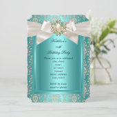 Invitation Soirée d'anniversaire Turquoise Damask Pearl Cream (Debout devant)