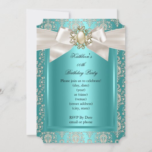 Invitation Soirée d'anniversaire Turquoise Damask Pearl Cream (Devant)