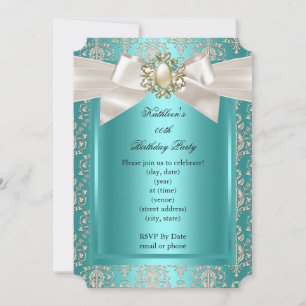 Invitation Soirée d'anniversaire Turquoise Damask Pearl Cream