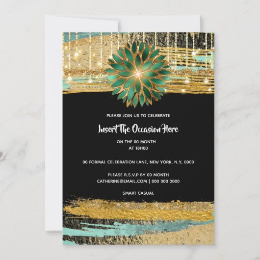 Invitation Soirée d'anniversaire turquoise en or noir floral (Devant)