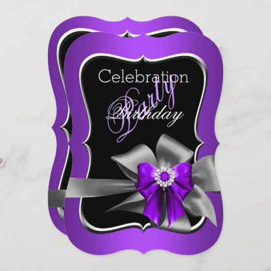 Invitation Soirée d'anniversaire violet Bow Noir (Devant / Derrière)