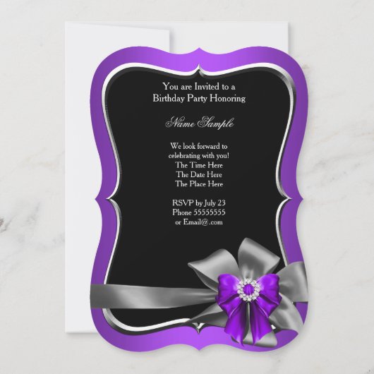Invitation Soirée d'anniversaire violet Bow Noir (Dos)