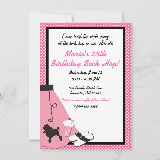 Invitation Soirée dansante années 50 jupe rose de poodle (Devant)