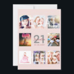 Invitation Soirée de 21e anniversaire personnalisés photo ros<br><div class="desc">Une invitation pour une fête de 21ème anniversaire amusante et unique, célébrant sa vie avec 8 de vos photos. Sur le devant : Personnalisez et ajoutez un nom, 21 ans et la date du parti. Lettres gris et rose foncé de couleur or. Elégant et tendance or rose, couleur arrière -...</div>