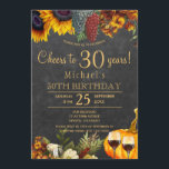 Invitation Soirée de 30 ans d'automne rustique 30e anniversai<br><div class="desc">Des tournesols d'automne en or jaune et orange rouillé, des raisins, deux verres de vin rouge et un citrouille d'aquarelle sur un arrière - plan en bois de grange brun foncé faisant une gaie élégante à 30 ans invitation fête avec une écriture manuscrite branchée script de typographie or. Facile à...</div>
