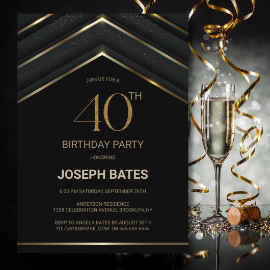 Invitation Soirée de 40e anniversaire de l'élégant Black Gold