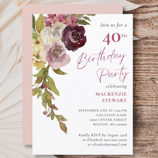 Invitation Soirée de 40e anniversaire en Bourgogne rose