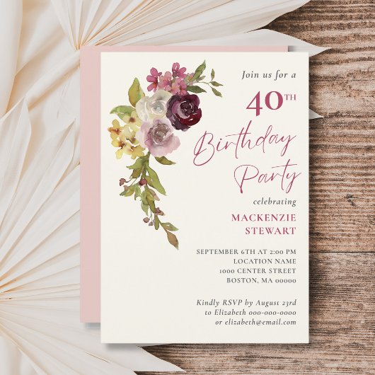 Invitation Soirée de 40e anniversaire en Bourgogne rose