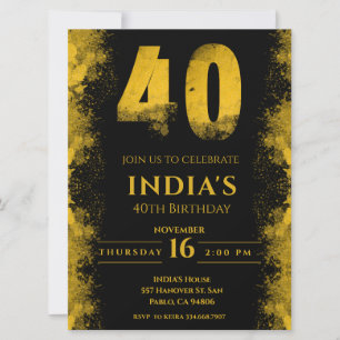 Invitation Soirée de 40e anniversaire en noir et or