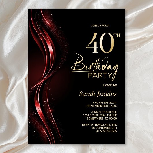 Invitation Soirée de 40e anniversaire noir et rouge élégant