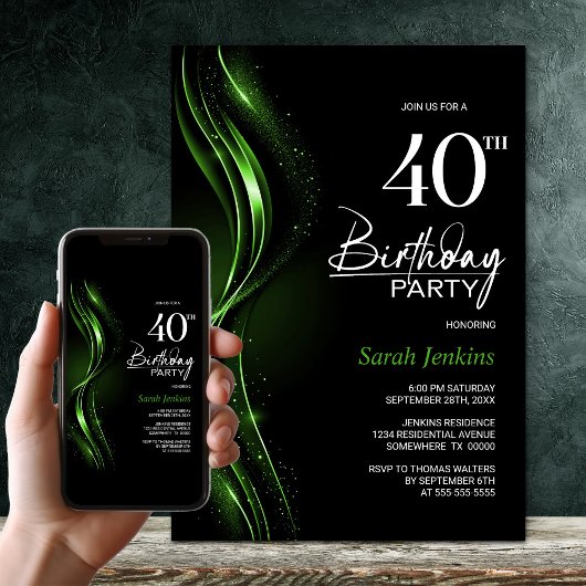 Invitation Soirée de 40e Anniversaire noir et vert