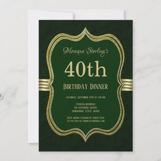 Invitation Soirée de 40e Anniversaire Vert et Or (Devant)