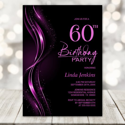Invitation Soirée de 60e anniversaire de style noir et rose