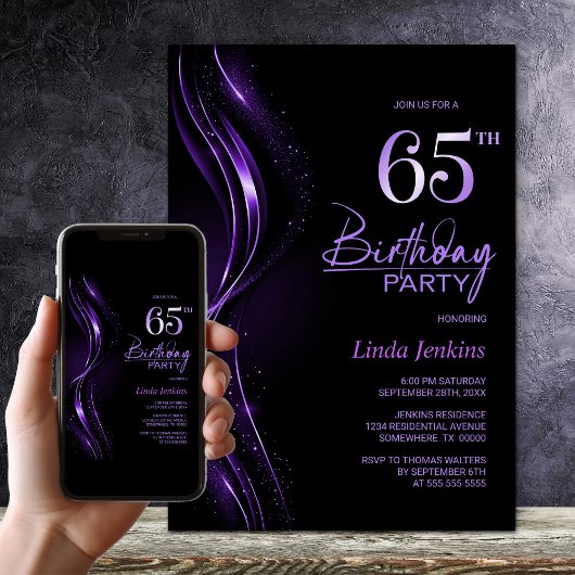 Invitation Soirée de 65e anniversaire, noir et violet élégant