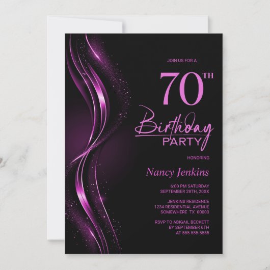 Invitation Soirée de 70e anniversaire de style noir et rose (Devant)