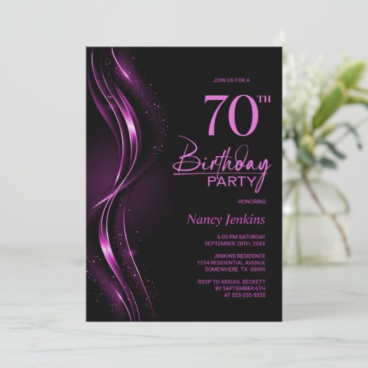 Invitation Soirée de 70e anniversaire de style noir et rose (Debout devant)