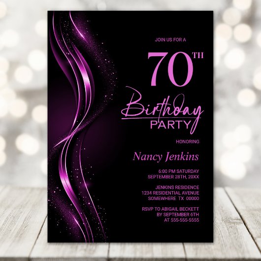 Invitation Soirée de 70e anniversaire de style noir et rose