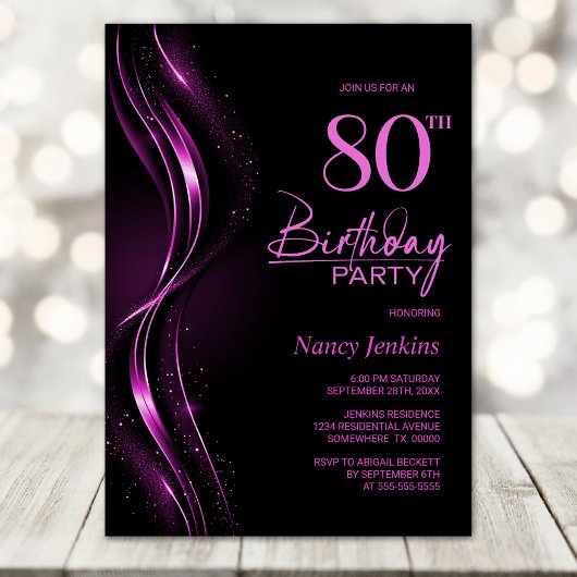 Invitation Soirée de 80e anniversaire de style noir et rose