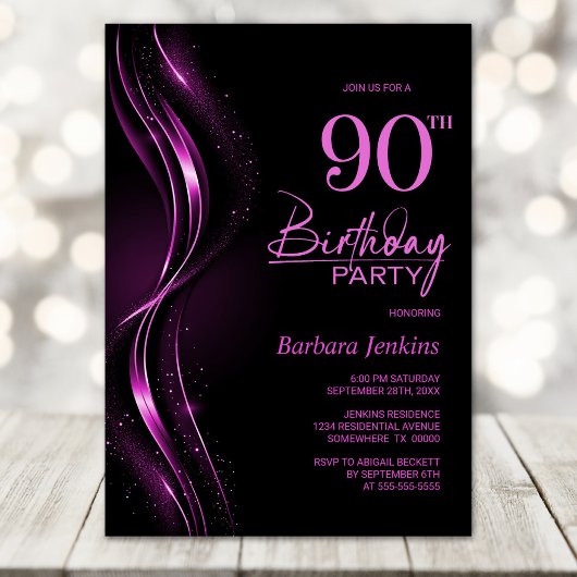 Invitation Soirée de 90e anniversaire de style noir et rose