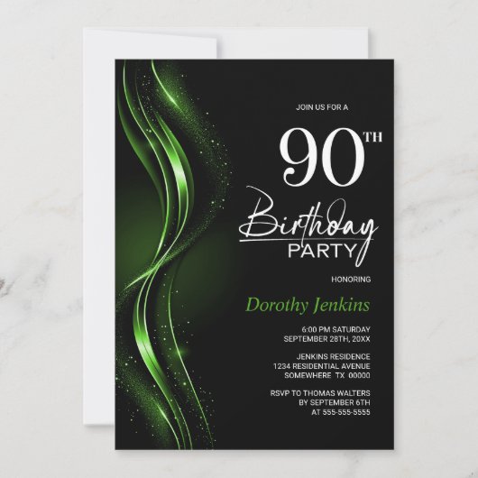 Invitation Soirée de 90e anniversaire en noir et vert (Devant)
