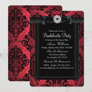 Invitation Soirée de Bachelorette Chic Damask Rouge & Noir